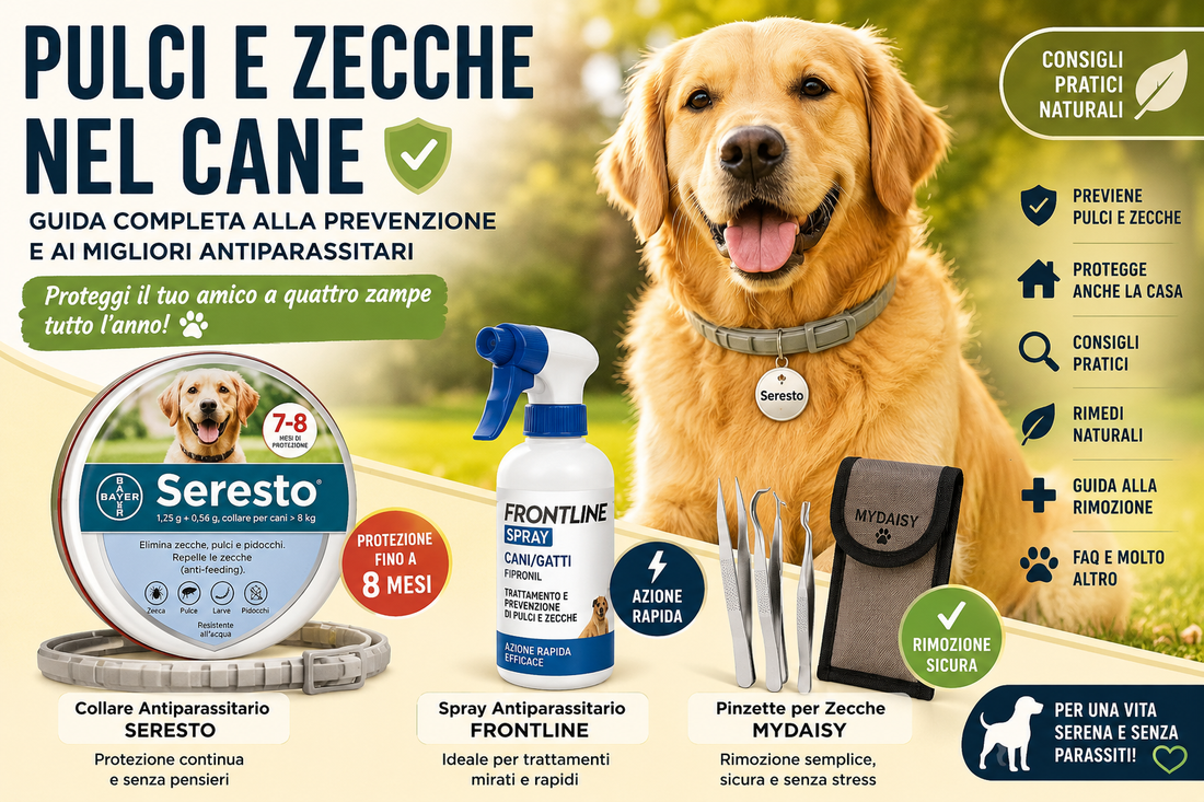 Cane felice durante una passeggiata all'aperto protetto da pulci e zecche. Guida completa alla prevenzione antiparassitaria per cani 2026.