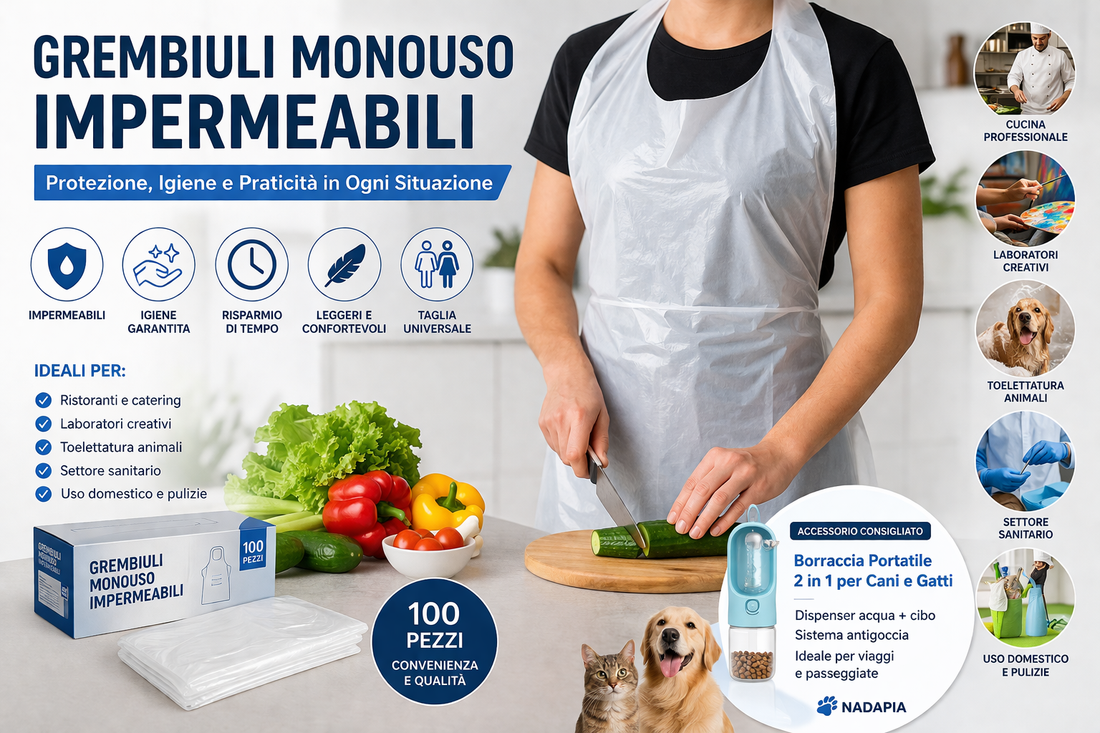 Grembiuli monouso impermeabili bianchi in polietilene PE - confezione da 100 pezzi per cucina, toelettatura animali e uso professionale