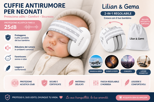 Cuffie antirumore per neonati e bambini piccoli - protezione udito 25dB regolabili, ideali per viaggi, eventi e ambienti rumorosi